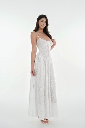 French White Lace Stretch Jacquard Cami Long Dress Set - Elegant Layered Look, Perfect for 90s and Y2K Fashion Lovers
