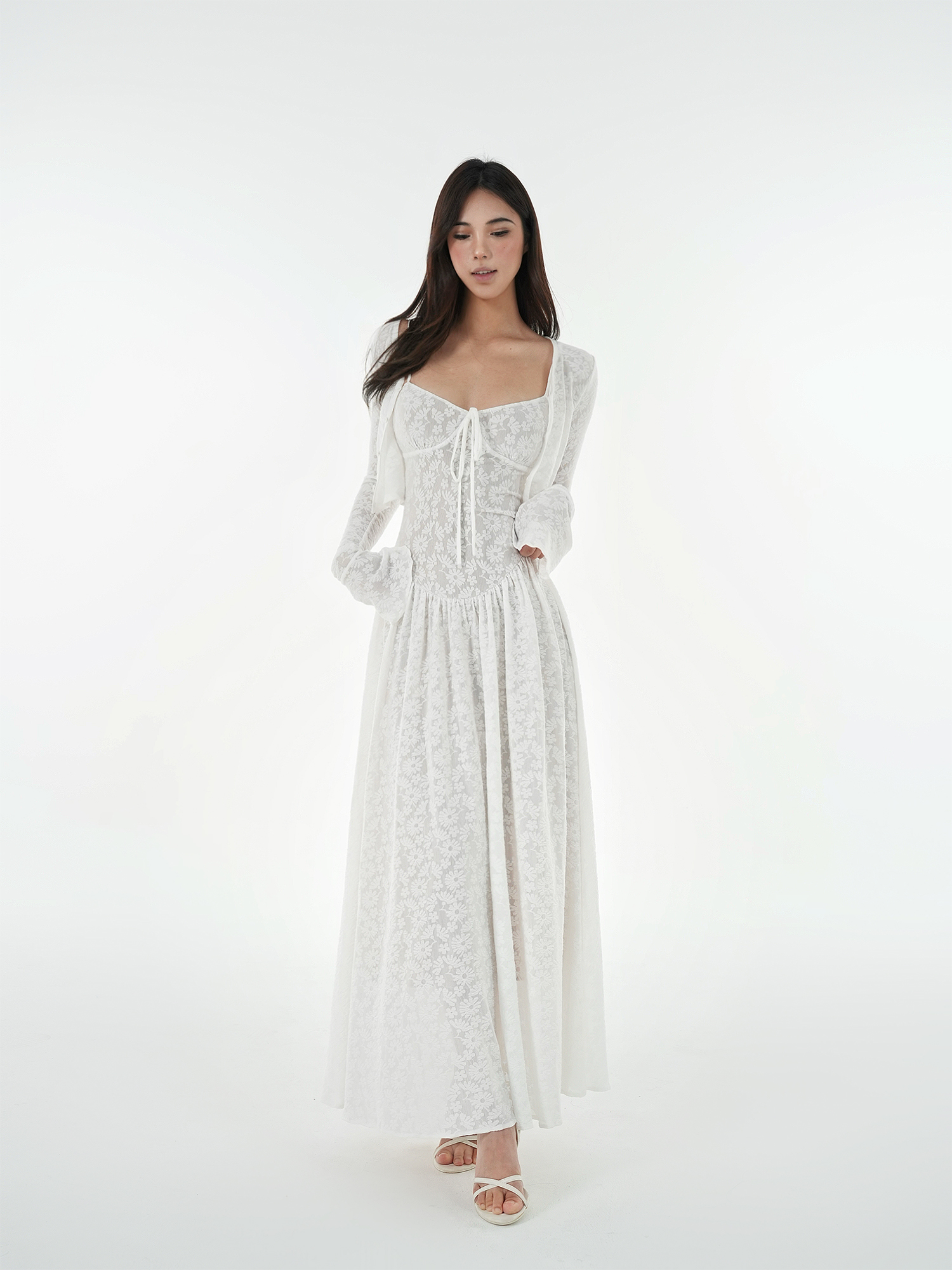 French White Lace Stretch Jacquard Cami Long Dress Set - Elegant Layered Look, Perfect for 90s and Y2K Fashion Lovers French White Lace Stretch Jacquard Cami Long Dress Set - Elegant Layered Look, Perfect for 90s and Y2K Fashion Lovers