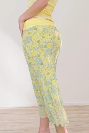 Fresh Dopamine Floral Bodycon Skirt - Women's Low Waist Lace-Up Mesh Straight Skirt - Trendy Y2K Style