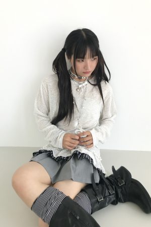 Freshwater Micro Long Lace Embroidered Sheer Striped Casual Layered Round Neck Loose Long Sleeve Top