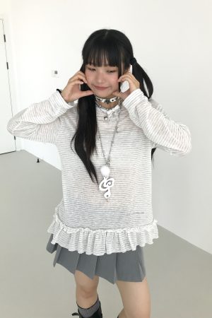 Freshwater Micro Long Lace Embroidered Sheer Striped Casual Layered Round Neck Loose Long Sleeve Top