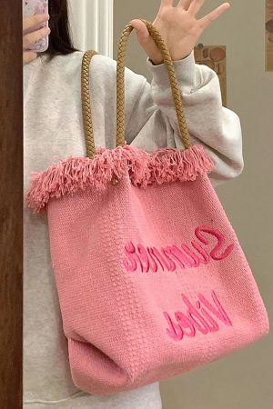 Fringe Woven Canvas Tote Bag for Women - Embroidered Letter Commuter Bag, Trendy Versatile Shoulder Bag 2023 Fashion