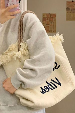 Fringe Woven Canvas Tote Bag for Women - Embroidered Letter Commuter Bag, Trendy Versatile Shoulder Bag 2023 Fashion