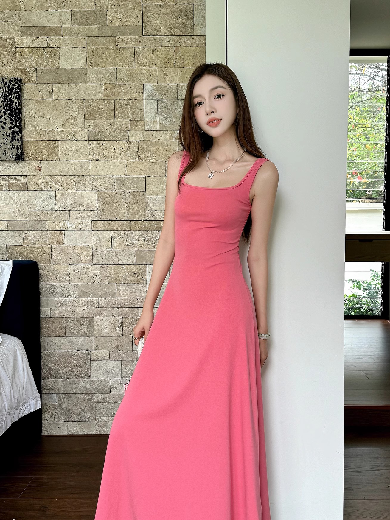 Fuchsia Waist-Defining Fitted Vest Dress with Flared Skirt for Tall Women | Light Cotton Summer Dress Fuchsia Waist-Defining Fitted Vest Dress with Flared Skirt for Tall Women | Light Cotton Summer Dress