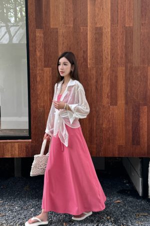 Fuchsia Waist-Defining Fitted Vest Dress with Flared Skirt for Tall Women | Light Cotton Summer Dress