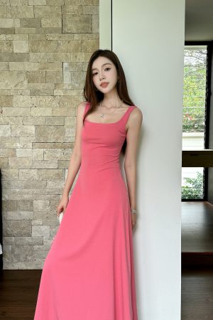 Fuchsia Waist-Defining Fitted Vest Dress with Flared Skirt for Tall Women | Light Cotton Summer Dress