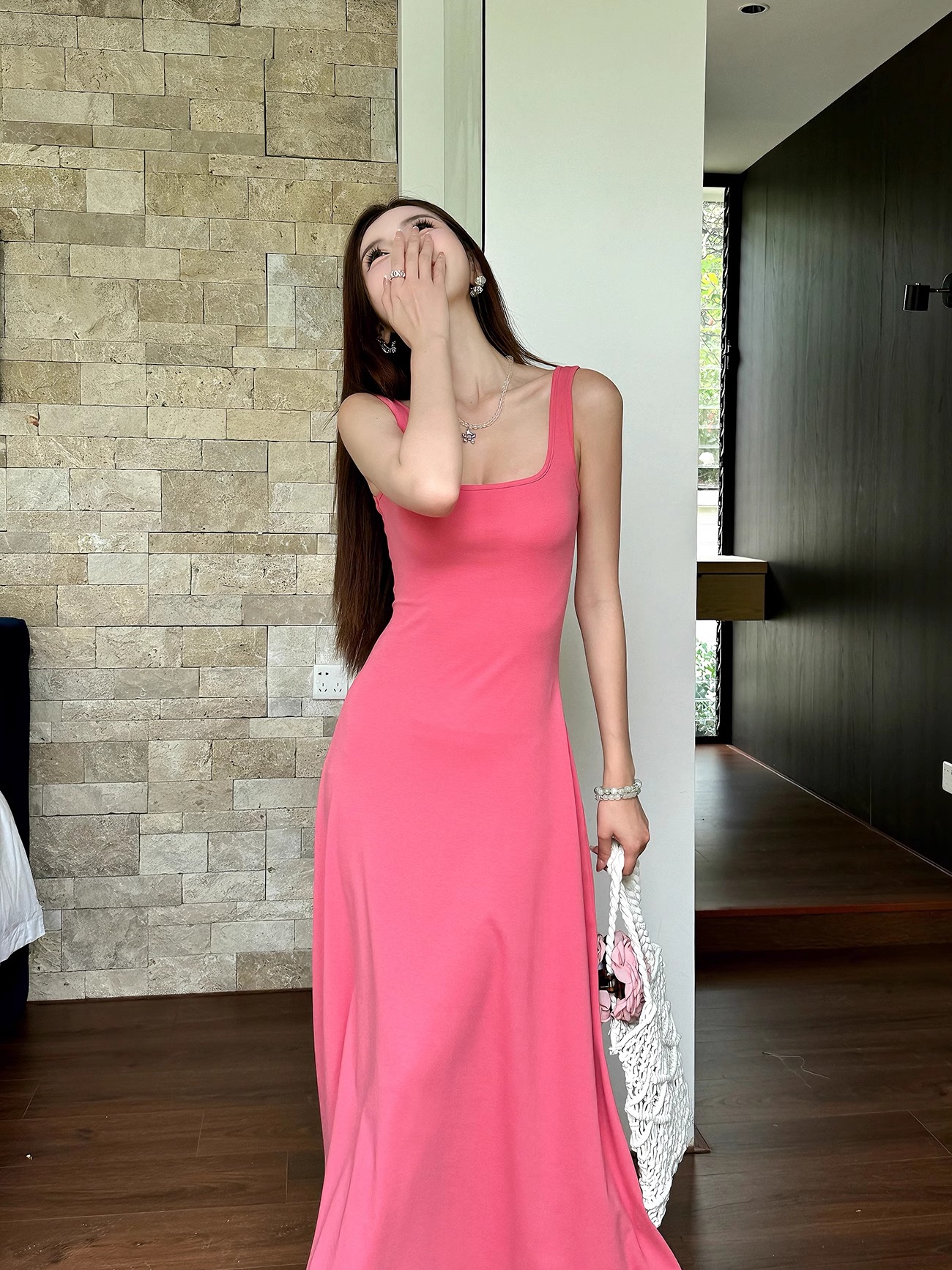 Fuchsia Waist-Defining Fitted Vest Dress with Flared Skirt for Tall Women | Light Cotton Summer Dress Fuchsia Waist-Defining Fitted Vest Dress with Flared Skirt for Tall Women | Light Cotton Summer Dress