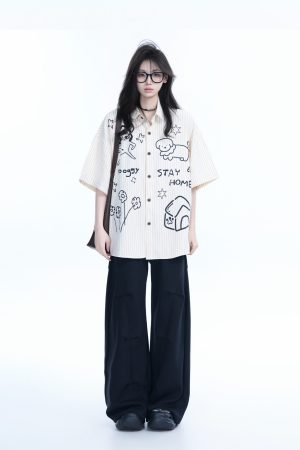 Fun Cartoon Doodle Dog Vertical Striped Short-Sleeve Shirt for Women, Loose Fit Trendy Top, Casual 90s Style