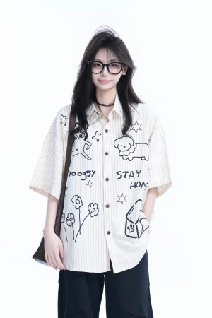 Fun Cartoon Doodle Dog Vertical Striped Short-Sleeve Shirt for Women, Loose Fit Trendy Top, Casual 90s Style