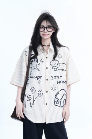 Fun Cartoon Doodle Dog Vertical Striped Short-Sleeve Shirt for Women, Loose Fit Trendy Top, Casual 90s Style