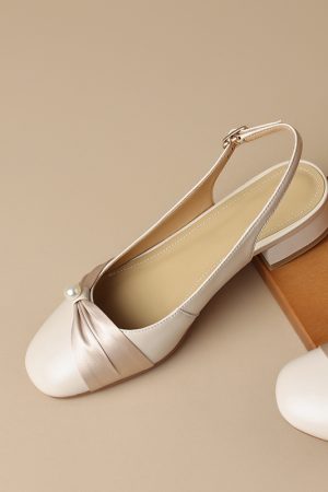 Genuine Leather Backless Chunky Heel Sandals for Women - Bow Round Toe Low Heel Closed Toe Italian Style