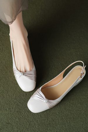 Genuine Leather Backless Chunky Heel Sandals for Women - Bow Round Toe Low Heel Closed Toe Italian Style