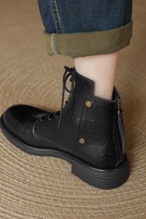 Genuine Leather Black Lace-Up Flat Martin Boots for Women - Spring Autumn Short Boots, Trendy Y2K Style