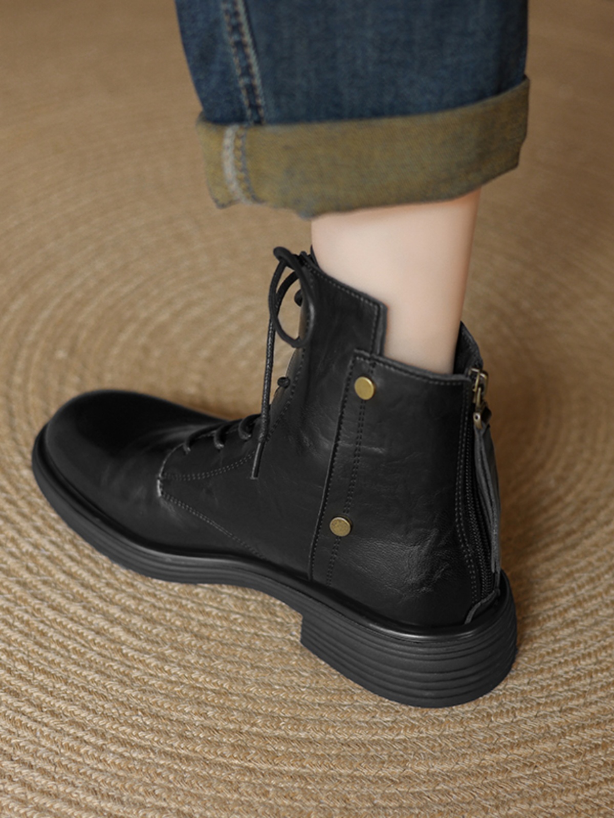 Genuine Leather Black Lace-Up Flat Martin Boots for Women - Spring Autumn Short Boots, Trendy Y2K Style Genuine Leather Black Lace-Up Flat Martin Boots for Women - Spring Autumn Short Boots, Trendy Y2K Style