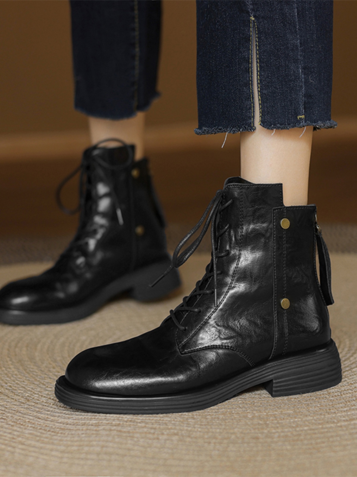 Genuine Leather Black Lace-Up Flat Martin Boots for Women - Spring Autumn Short Boots, Trendy Y2K Style Genuine Leather Black Lace-Up Flat Martin Boots for Women - Spring Autumn Short Boots, Trendy Y2K Style