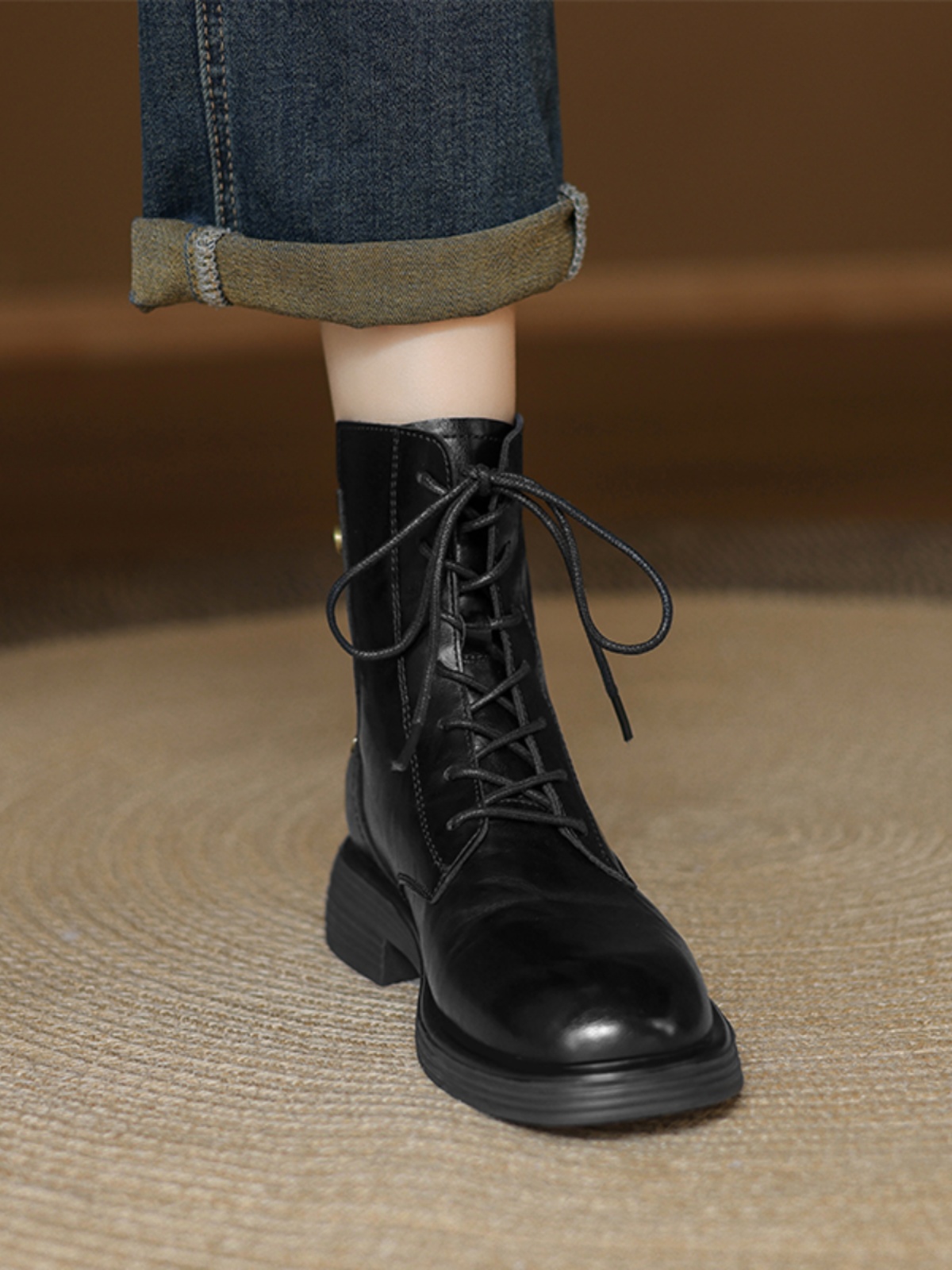 Genuine Leather Black Lace-Up Flat Martin Boots for Women - Spring Autumn Short Boots, Trendy Y2K Style Genuine Leather Black Lace-Up Flat Martin Boots for Women - Spring Autumn Short Boots, Trendy Y2K Style