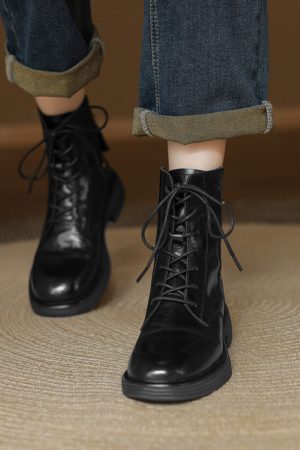 Genuine Leather Black Lace-Up Flat Martin Boots for Women - Spring Autumn Short Boots, Trendy Y2K Style