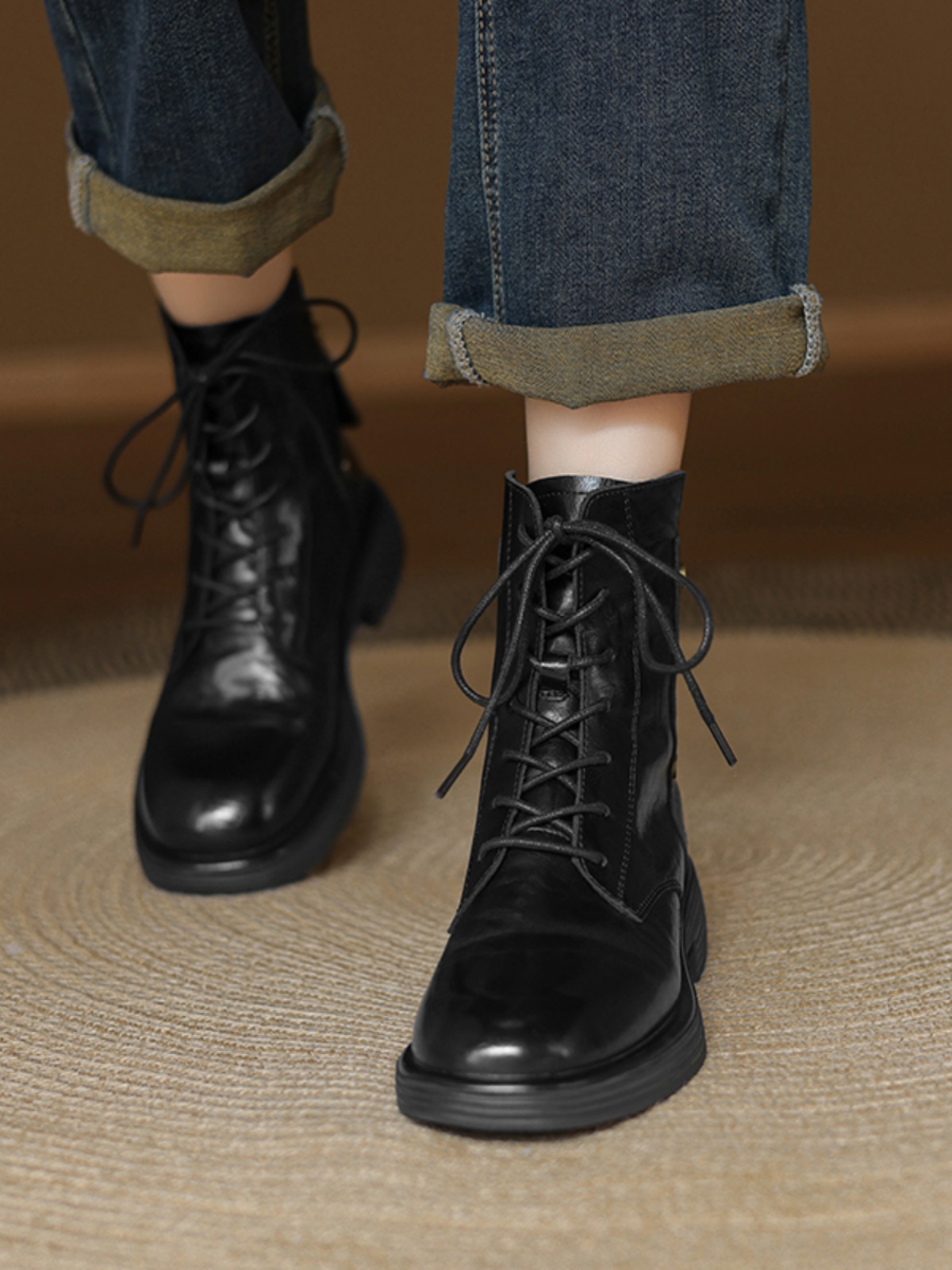 Genuine Leather Black Lace-Up Flat Martin Boots for Women - Spring Autumn Short Boots, Trendy Y2K Style Genuine Leather Black Lace-Up Flat Martin Boots for Women - Spring Autumn Short Boots, Trendy Y2K Style