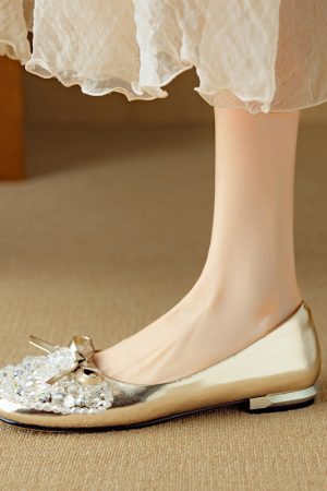 Genuine Leather Bow Rhinestone Flat Shoes for Women - Round Toe Italian Style Silver Footwear