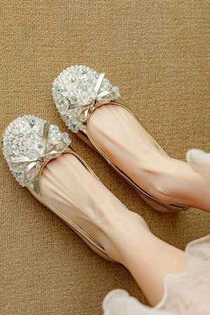 Genuine Leather Bow Rhinestone Flat Shoes for Women - Round Toe Italian Style Silver Footwear