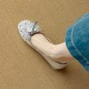 Genuine Leather Bow Rhinestone Flat Shoes for Women - Round Toe Italian Style Silver Footwear