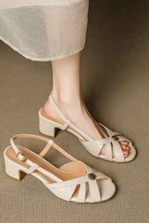 Genuine Leather Camellia Open-Toe Sandals for Women - Vintage French Style Mid-Heel Summer Footwear