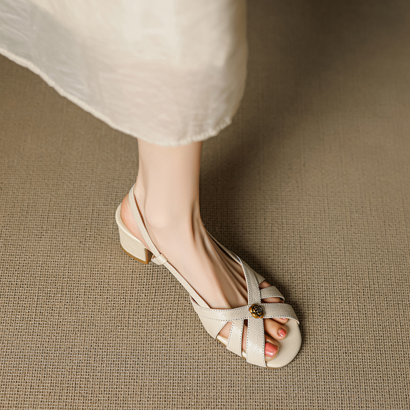 Genuine Leather Camellia Open-Toe Sandals for Women - Vintage French Style Mid-Heel Summer Footwear Genuine Leather Camellia Open-Toe Sandals for Women - Vintage French Style Mid-Heel Summer Footwear