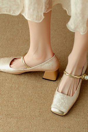 Genuine Leather Chinese-Style Square-Toe Mary Jane Shoes with Chunky High Heels - Elegant 90s Inspired Footwear