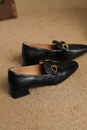 Genuine Leather Chunky Heel Loafers for Women - Retro British Style Slip-On Flats for Spring and Autumn Fashion