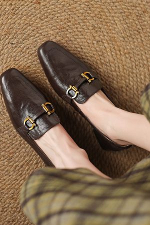 Genuine Leather Chunky Heel Loafers for Women - Retro British Style Slip-On Flats for Spring and Autumn Fashion