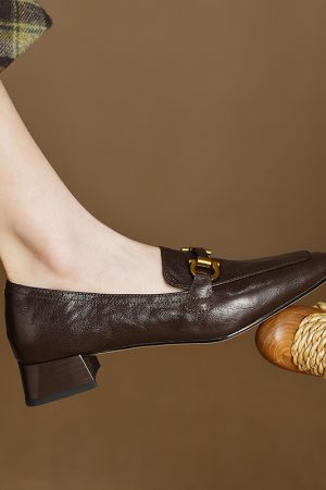 Genuine Leather Chunky Heel Loafers for Women - Retro British Style Slip-On Flats for Spring and Autumn Fashion