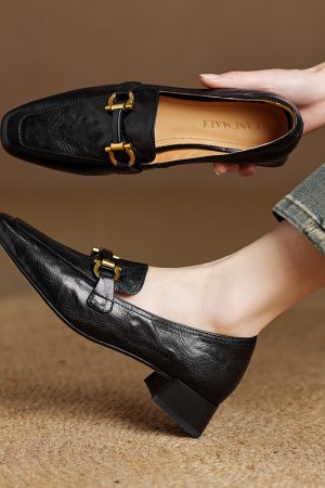 Genuine Leather Chunky Heel Loafers for Women - Retro British Style Slip-On Flats for Spring and Autumn Fashion