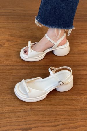 Genuine Leather Chunky Heel Open-Toe Sandals for Women, Thick Sole Roman Style Summer 2025, Sizes 41-43, Trendy Footwear