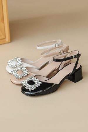 Genuine Leather Chunky High Heel Sandals for Women with Rhinestone Buckle - Elegant Literary Style Square Toe Design