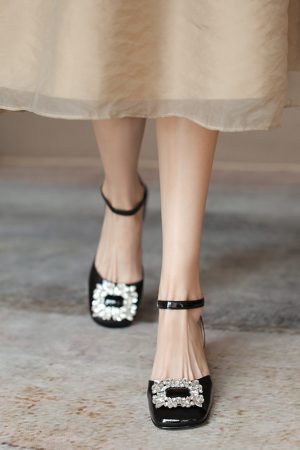 Genuine Leather Chunky High Heel Sandals for Women with Rhinestone Buckle - Elegant Literary Style Square Toe Design