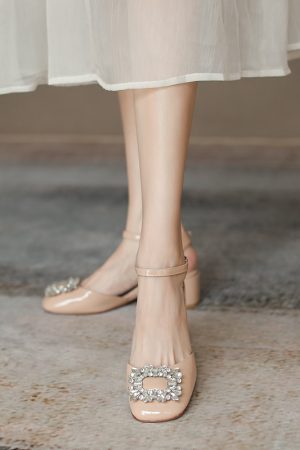 Genuine Leather Chunky High Heel Sandals for Women with Rhinestone Buckle - Elegant Literary Style Square Toe Design