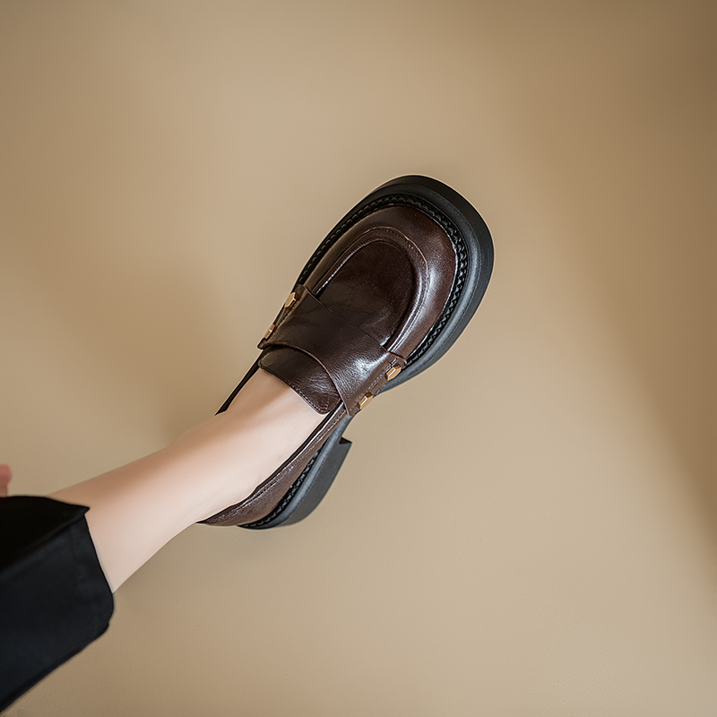 Genuine Leather Chunky High-Heeled Loafers for Women - Retro Thick-Soled JK Big Head Shoes - Paris Street Style Flats Genuine Leather Chunky High-Heeled Loafers for Women - Retro Thick-Soled JK Big Head Shoes - Paris Street Style Flats