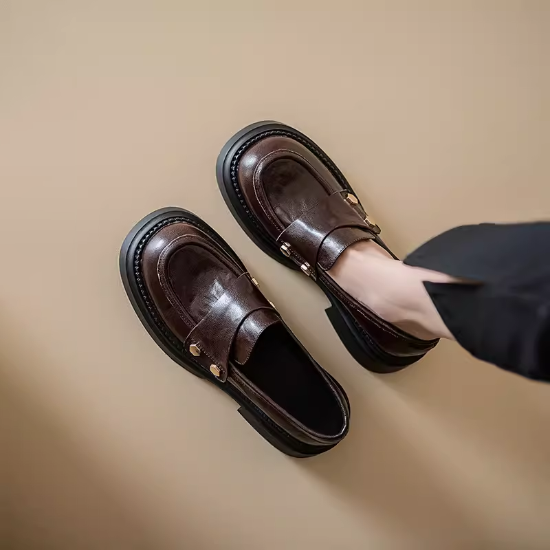 Genuine Leather Chunky High-Heeled Loafers for Women - Retro Thick-Soled JK Big Head Shoes - Paris Street Style Flats Genuine Leather Chunky High-Heeled Loafers for Women - Retro Thick-Soled JK Big Head Shoes - Paris Street Style Flats