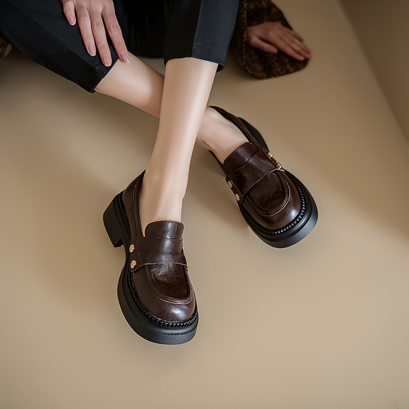 Genuine Leather Chunky High-Heeled Loafers for Women - Retro Thick-Soled JK Big Head Shoes - Paris Street Style Flats Genuine Leather Chunky High-Heeled Loafers for Women - Retro Thick-Soled JK Big Head Shoes - Paris Street Style Flats