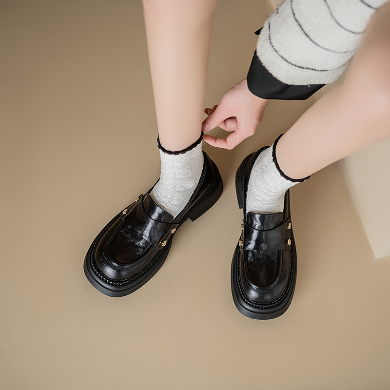 Genuine Leather Chunky High-Heeled Loafers for Women - Retro Thick-Soled JK Big Head Shoes - Paris Street Style Flats Genuine Leather Chunky High-Heeled Loafers for Women - Retro Thick-Soled JK Big Head Shoes - Paris Street Style Flats