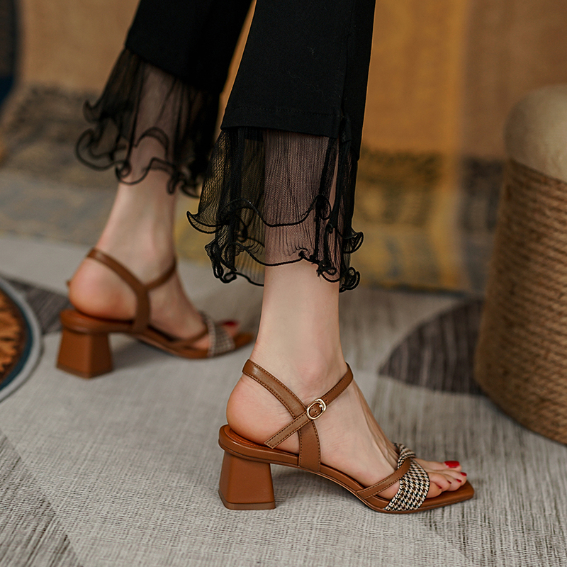 Genuine Leather Color-Blocking One-Strap Open-Toe Sandals for Women - French Vintage Chunky High Heels, 90s Inspired Fashion