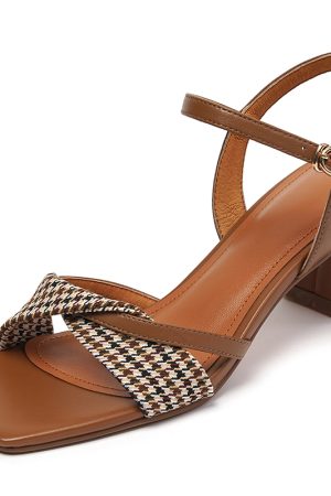 Genuine Leather Color-Blocking One-Strap Open-Toe Sandals for Women - French Vintage Chunky High Heels, 90s Inspired Fashion