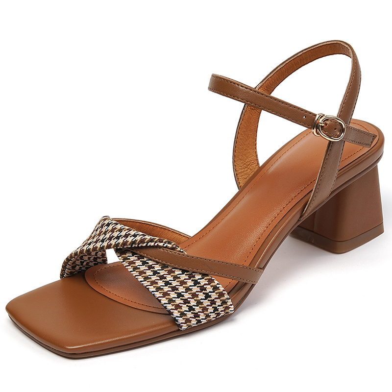 Genuine Leather Color-Blocking One-Strap Open-Toe Sandals for Women - French Vintage Chunky High Heels, 90s Inspired Fashion