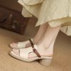 Genuine Leather Color-Blocking Open Toe Mid-Heel Slide Sandals for Women - Summer 2025 Korean Style Slippers