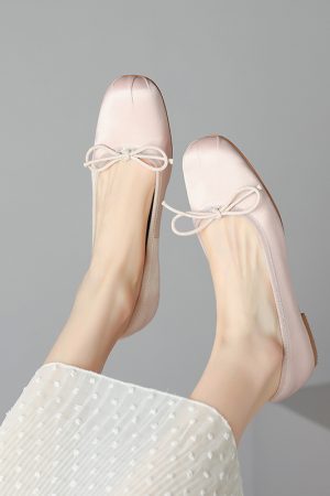 Genuine Leather Elegant Bow Satin Square-Toe Flat Ballet Shoes for Women - Italian Style, Timeless Fashion, Chic Comfort