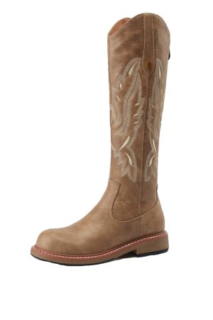 Genuine Leather Embroidered Western Cowboy Boots for Women - Vintage Long Boots with Back Zipper, 2024 Autumn Winter Style