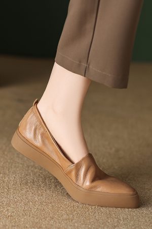 Genuine Leather Flat Grandma Shoes with Elastic Mouth, Elegant Pointed Toe, Thick Sole - Italian Style Chic Footwear
