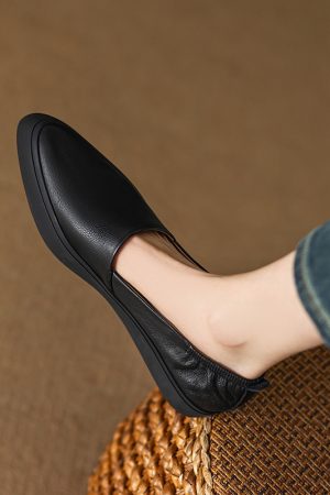 Genuine Leather Flat Grandma Shoes with Elastic Mouth, Elegant Pointed Toe, Thick Sole - Italian Style Chic Footwear
