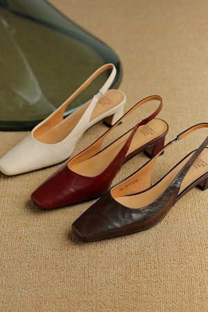 Genuine Leather French Retro Open-Back Sandals for Women - Slimming Mid-Heel, Square-Toe Summer Flats