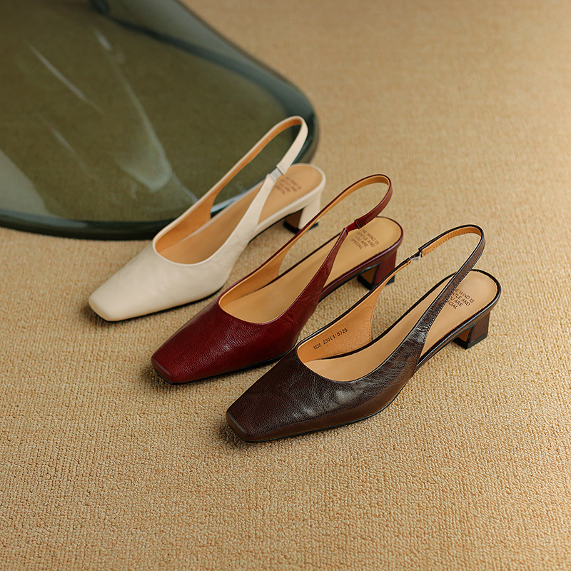 Genuine Leather French Retro Open-Back Sandals for Women - Slimming Mid-Heel, Square-Toe Summer Flats Genuine Leather French Retro Open-Back Sandals for Women - Slimming Mid-Heel, Square-Toe Summer Flats